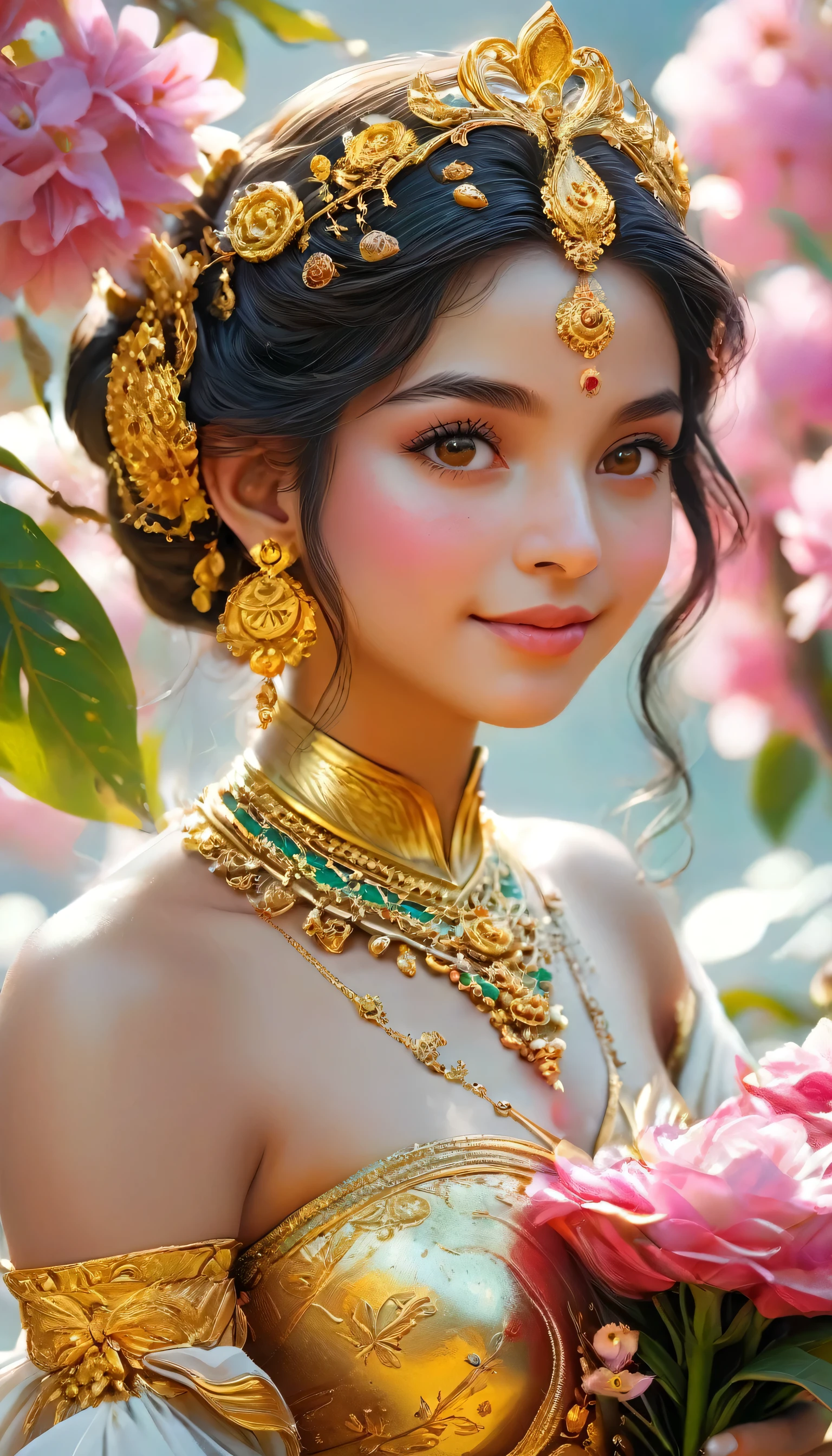 (Lord Parvati, beautiful gold skin), (she is holding a bouquet), (Goddess of Compassion), (love smile), (background is nature), perfect anatomy, masterpiece, best quality, 16k, beautiful detailed grow, daydreaming expression.