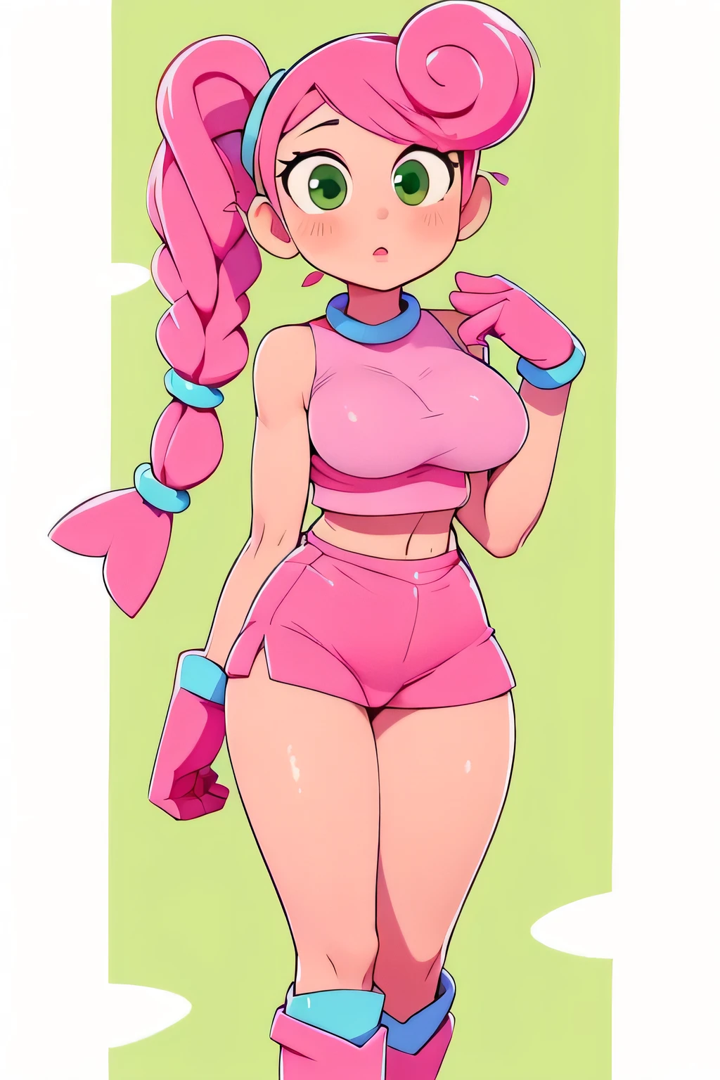 A tall girl, beautiful, sexy, cute, big breast, pink hair, long braids, menchon on the side, her green eye, pink lip, wearing a pink bra, top, and her pink miniskirt, pink metallic boot, wearing a pink glove, blue bracelet, arms. 