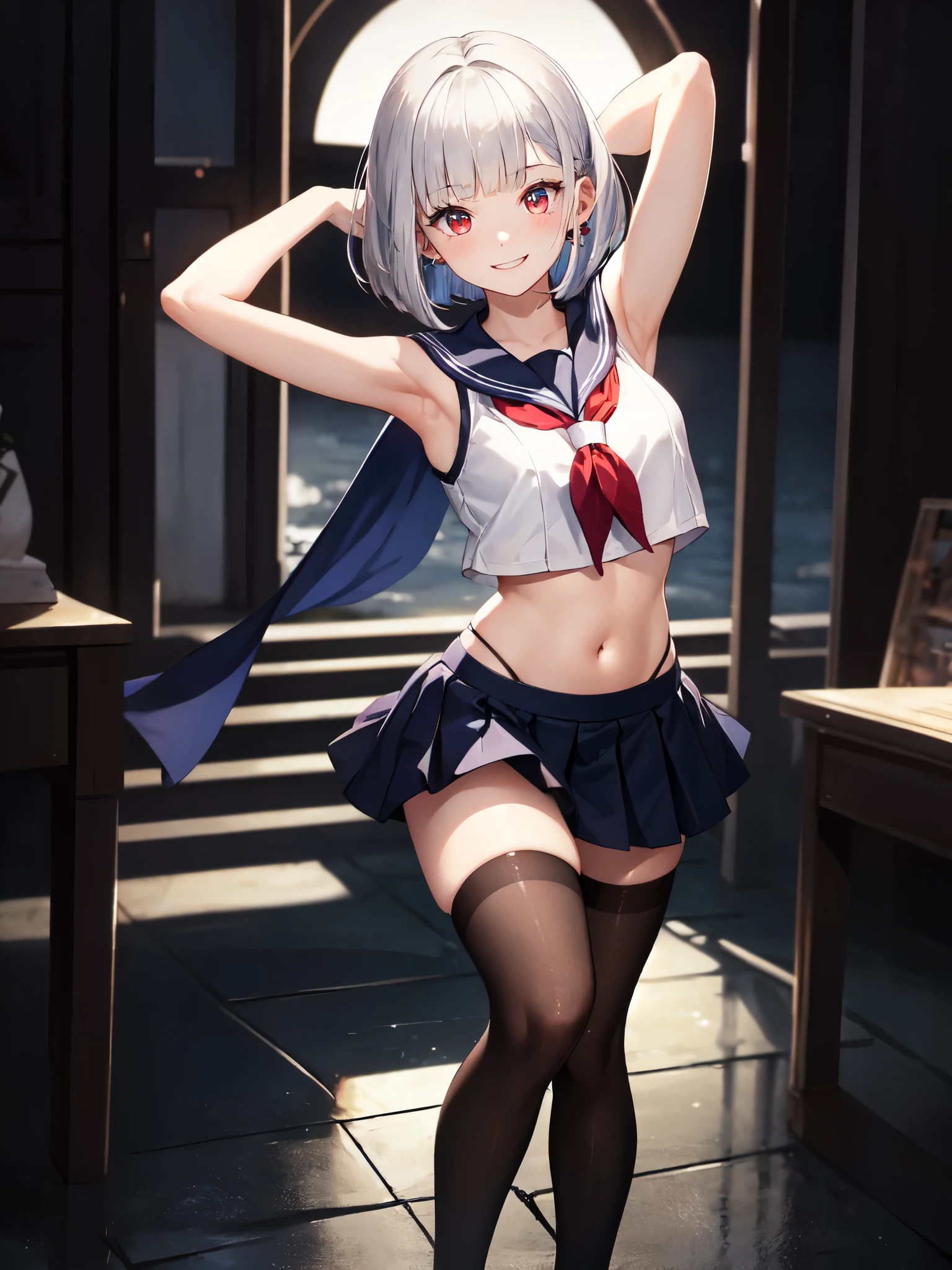 Girl in 1、A masterpie、beautiful  lighting、Detailed beautiful face、Detailed beautiful eyes、a highres、Ultra-fine illustration、extremelydelicateandbeautiful、beste Quality、The whole body is shown、Feet first、(:1.2), solo, 30s,White Skin Skin, (silver-hair, Blunt bangs ,Bob cut hair,Red eyes),, Curvaceous, (lustrous Some hair, gloss eyes, shinny skin), Laugh, smile on face, (shining skin:1.2), 、thights、arm behind head、Raise your arms、armpit、front facing、((sailor clothing)),Pichi Pichi clothes、enamel、ratex、Short skirt、a 、The navel is visible、pelvic curtain、Armpits、smile on face、black thighhighs、Watch your audience、under-boobs、blushed、sweats、Jeweled、thick thigh、Parting lips、pantyhose、Blushing cheeks、tiptoes、loafers