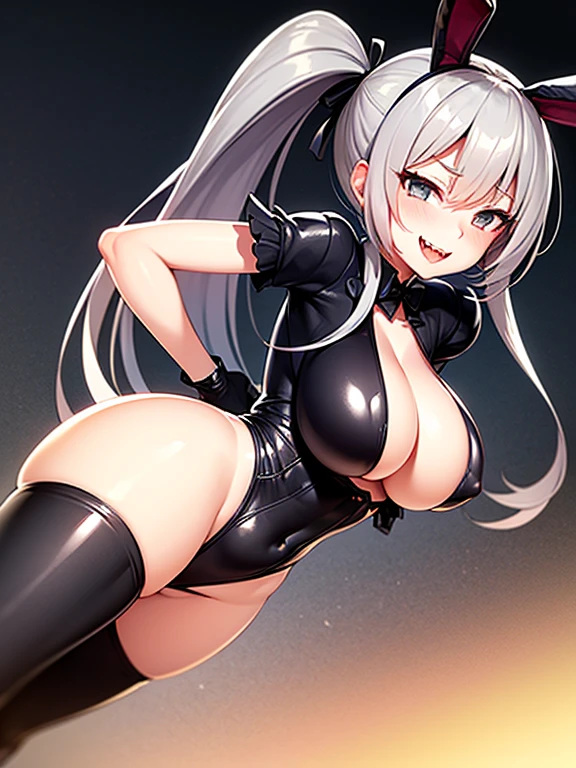 (Front Focus),(In the Dark:1.6), (Masterpiece, of the highest quality, best, Official art, Beautiful and aesthetic:1.2), game cg, Highly detailed and realistic CG, Colorful, Masterpiece, Best Quality, jewel-like eyes, 1girl, solo, (gray hair:1.5), shiny hair, very long straight hair, twintails, slender, skinny legs, magical girl, prity dress, party dress, black magical dress, layered mini skirt, panty shot, black pants, magical boots, zettairyouiki, black eyes, empty eyes, bursting breasts, sagging breasts, cleavage, black elbow gloves, latex, smirk, smile, jig eyes, jitome, half-closed eyes, tsurime, from pov, best quality eyes, sharp teeth, tsundere, leaning forward, hands on hip, teasing, smug, open mouth, fangs, tongue out, (Sharp Focus:1.2), big ribbon, cute headdress, luxury boots, dark skin, bunny ears, (bare tits, nsfw:1.3)