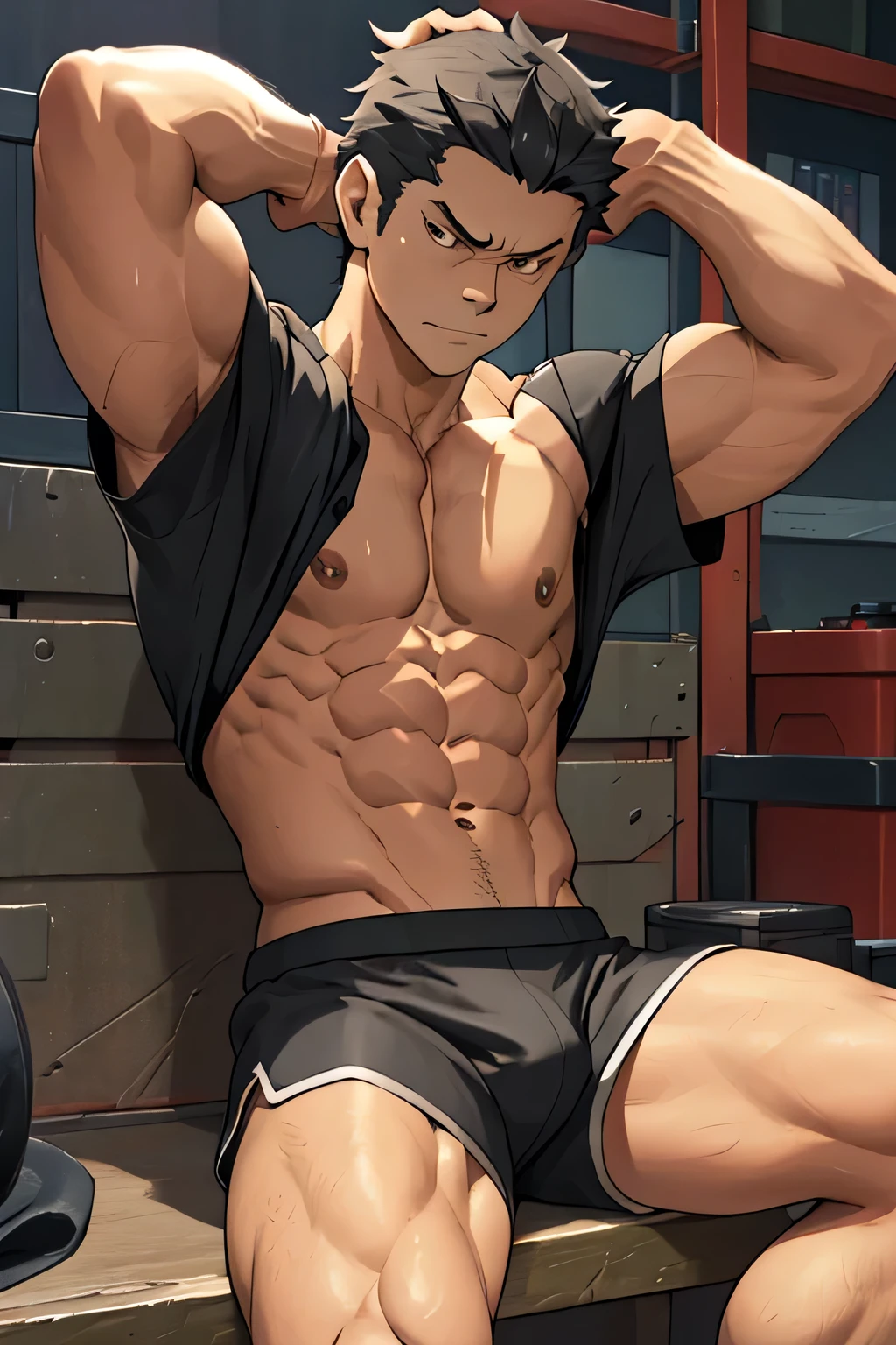 Subaru is sitting and flexing his biceps and abs. He wears black short boxershorts. You can see his thighs. He looks annoyed. He has bulging veins on his arms. He wears a black tshirt with short sleeves. His right sleeve is completely rolled up so you can see his entire arm and shoulder. He is showing his abs too.