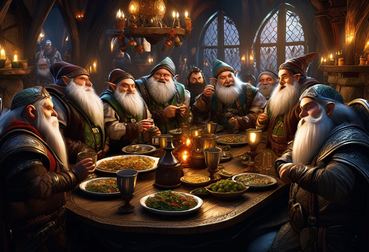 a finely dressed group of dwarves drinking and eating at a large table, several elves in finely detailed outfits watching in disdain, intricate details, high quality, elegant interior, cinematic lighting, fantasy art