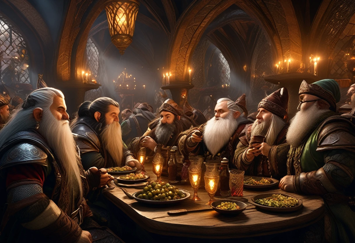a finely dressed group of dwarves drinking and eating at a large table, several elves in finely detailed outfits watching in disdain, intricate details, high quality, elegant interior, cinematic lighting, fantasy art