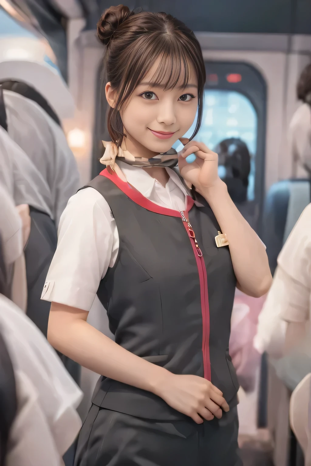 (masterpiece:1.2, highest quality:1.2), 32K HDR, High resolution, (alone、1 girl)、（Take the Shinkansen、Professional Lighting）、Background in the car、（Realistic style of JR Gran Class crew wearing uniform）、Short sleeve blouse、a scarf around the neck、（JR Gran Class flight attendant uniform with pink parts on the skirt sleeves）、（JR Gran Class flight attendant uniform with pink line on front zipper of vest）、Dark brown hair、（Hair tied up、Hair Bun、Hair Bun）、Dark brown hair、Long Shot、Big Breasts、（（Great hands：2.0）），（（Harmonious body proportions：1.5）），（（Normal limbs：2.0）），（（Normal finger：2.0）），（（Delicate eyes：2.0）），（（Normal eyes：2.0））)、Luxury Necklace、smile、Beautiful standing posture,