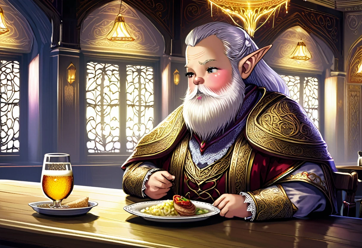 a dwarf sitting at a table, drinking ale and eating fine foods, wearing an ornate outfit with white lace trim, elves in elegant clothing watching in disdain, highly detailed, intricate, fantasy, cinematic lighting, ornate interior, high resolution