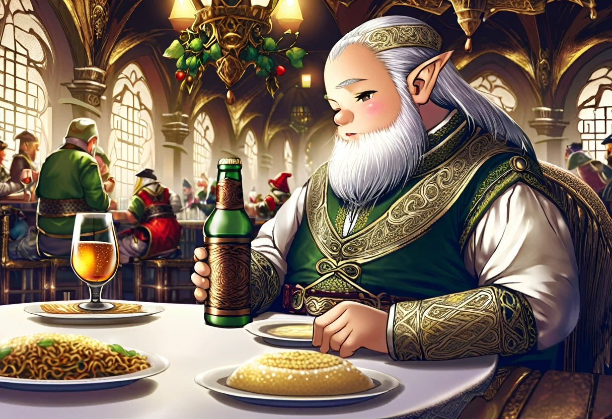 a dwarf sitting at a table, drinking ale and eating fine foods, wearing an ornate outfit with white lace trim, elves in elegant clothing watching in disdain, highly detailed, intricate, fantasy, cinematic lighting, ornate interior, high resolution