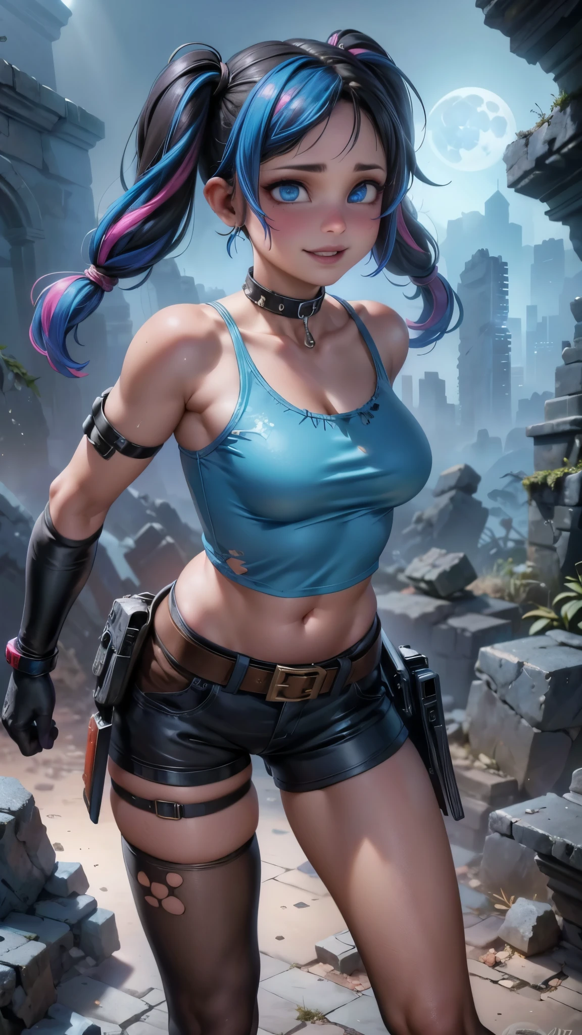 1girl, blonde hair, twintails, shorts, pantyhose, crop top, torn clothes, blue eyes, solo, makeup, midriff, gloves, jewelry, navel, short shorts, bracelet, torn shirt, fishnets, spikes, multicolored clothes, belt, fishnet pantyhose, spiked bracelet, single glove, torn pantyhose, breasts, graffiti, lipstick, jacket, clothes writing, multicolored hair, collar, eyeshadow, blue hair, multicolored jacket, blood, smile, shirt, looking at viewer, nail polish, choker,, ,(Fondo de ruinas de mazmorra en ruinas piedras grandes cyberpunk :1.4 ), (perfect anatomy:1.4), More detailed 8K.motor irreal:1.4,UHD,La mejor calidad:1.4, fotorrealista:1.4, textura de la piel:1.4, obra maestra:1.8,obra-prima, mejor calidad,objeto Objeto], (detailed face features:1.3),(Las proporciones correctas),(Ojos hermosos azules:1.4 ),  (pose vaquero),( cinematic lighting :1.4), (face detailed:1.4), score_9, score_8_up, score_7_up, score_6_up, rating_explicit, 1girl, ((18YO:1.2)), Adult, full lips, big clear eyes, light blue eyes, (( hair:1)), (long wavy hair: 1.2),(face detailed:1.4), ,(Fondo de ruinas de mazmorra en ruinas piedras grandes caverna cyberpunk :1.4 ), (fondo luna brillante grande:1.4),( lara croft:1.4),( lara croft V2.1) 