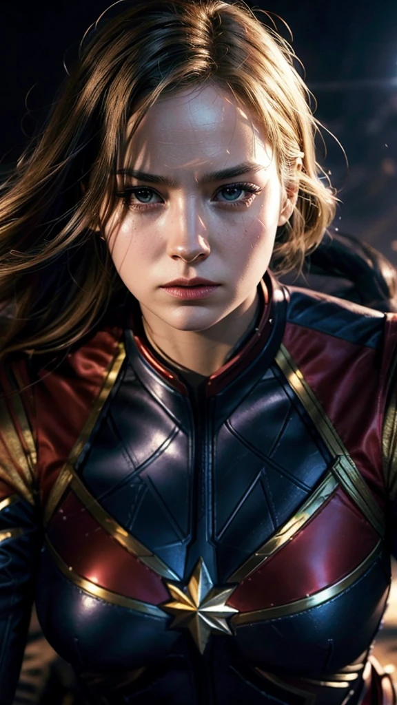 1women as captain marvel, carol danvers,hips up, beautiful detailed eyes, beautiful detailed lips, extremely detailed face and portrait, long eyelashes, superhero, avengers, cinematic lighting, action pose, dramatic, dynamic composition, epic scale, 8k, high resolution, hyper detailed, photorealistic, award winning digital art, intricate details, vibrant colors, dramatic shadows and highlights, cinematic lighting