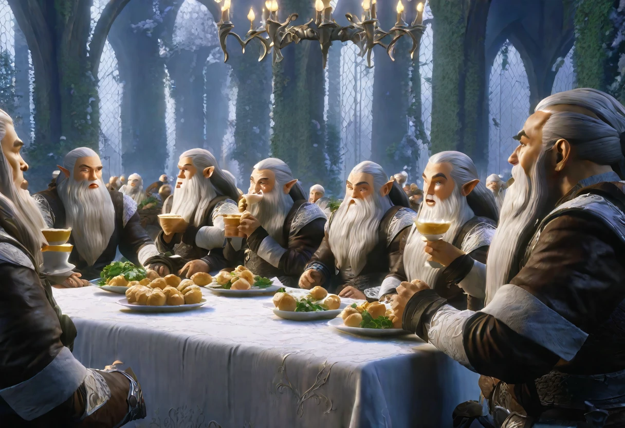 a group of dwarves dressed in fine outfits with white lace trim, drinking and eating fine foods at a large table, several elves in finery watching in disdain, an elven hall, ultra-detailed, 8k, realistic, photorealistic, masterpiece, highly detailed, cinematic lighting, dramatic colors