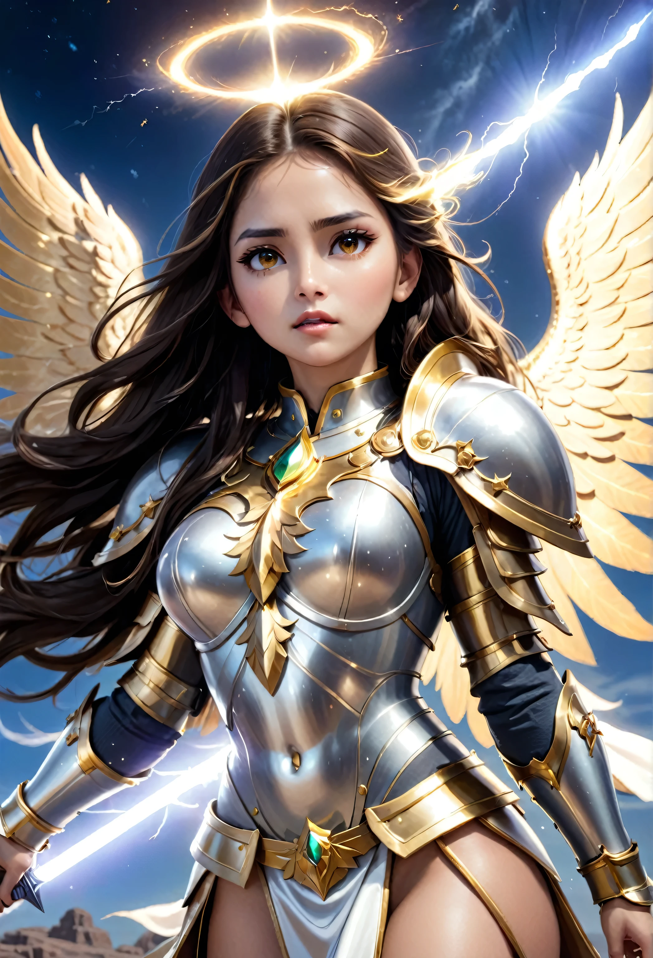 1 girl, Our Lady of Guadalupe, beauty angel, giant wings in back, cute face, perfect face, beauty face, very long hair, (silver and gold armor,) (Celestial glow armor), sword on hands, (Lightning and thunder coming out from the armor) , attack position, front pose, deep neckline, focus in tits, Looking at the sky, shine sky, stars, planets, galaxy, view from above, nsfw