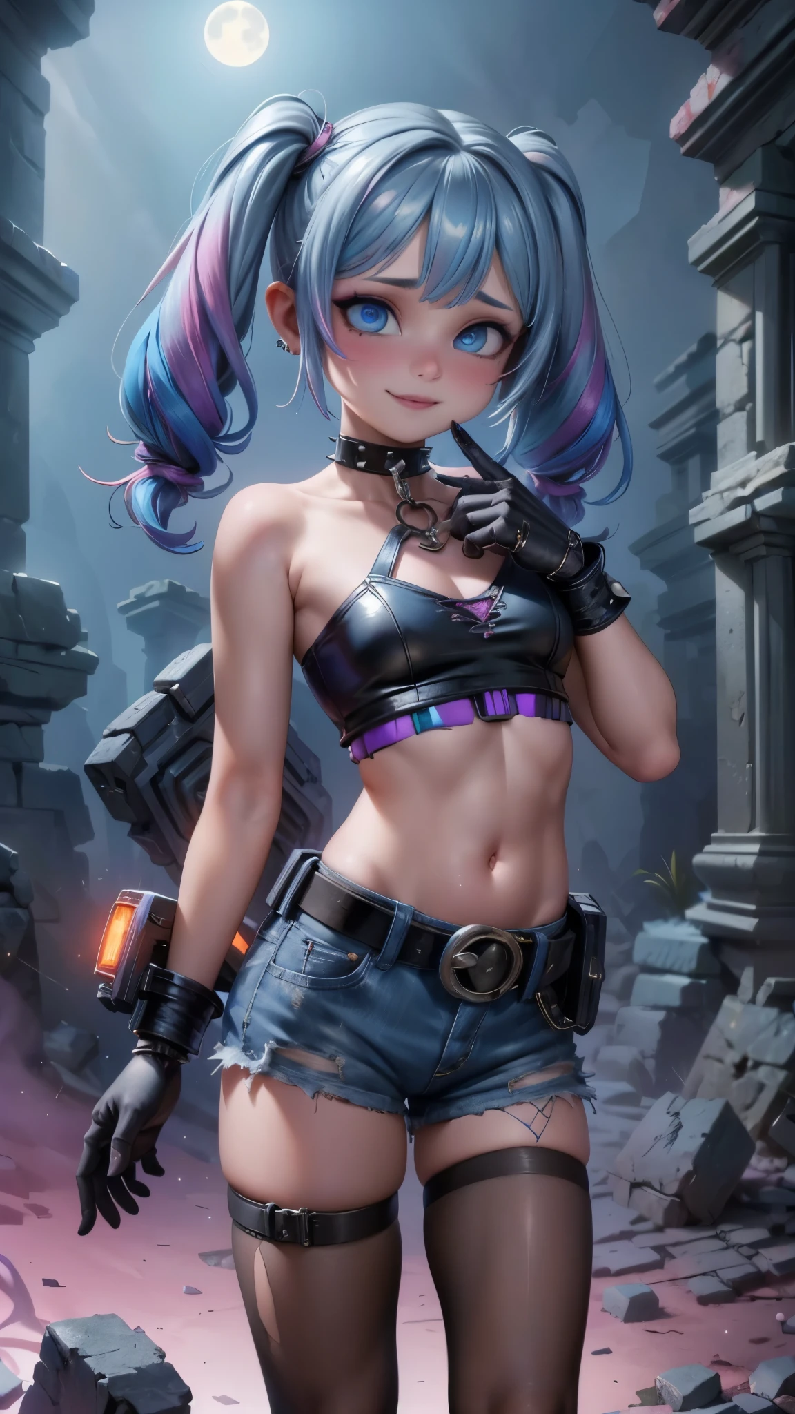 1girl, blonde hair, twintails, shorts, pantyhose, crop top, torn clothes, blue eyes, solo, makeup, midriff, gloves, jewelry, navel, short shorts, bracelet, torn shirt, fishnets, spikes, multicolored clothes, belt, fishnet pantyhose, spiked bracelet, single glove, torn pantyhose, breasts, graffiti, lipstick, jacket, clothes writing, multicolored hair, collar, eyeshadow, blue hair, multicolored jacket, blood, smile, shirt, looking at viewer, nail polish, choker,, ,(Fondo de ruinas de mazmorra en ruinas piedras grandes cyberpunk :1.4 ), (perfect anatomy:1.4), More detailed 8K.motor irreal:1.4,UHD,La mejor calidad:1.4, fotorrealista:1.4, textura de la piel:1.4, obra maestra:1.8,obra-prima, mejor calidad,objeto Objeto], (detailed face features:1.3),(Las proporciones correctas),(Ojos hermosos azules:1.4 ),  (pose vaquero),( cinematic lighting :1.4), (face detailed:1.4), score_9, score_8_up, score_7_up, score_6_up, rating_explicit, 1girl, ((18YO:1.2)), Adult, full lips, big clear eyes, light blue eyes, (( hair:1)), (long wavy hair: 1.2),(face detailed:1.4), ,(Fondo de ruinas de mazmorra en ruinas piedras grandes caverna cyberpunk :1.4 ), (fondo luna brillante grande:1.4), (guantes negros) 