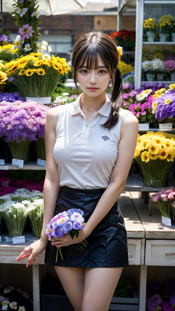 (masterpiece:1.3, top-quality, ultra high res, ultra detailed), (realistic, photorealistic:1.2), beautiful illustration, perfect lighting, natural lighting, colorful, depth of fields, ,
beautiful detailed hair, beautiful detailed face, beautiful detailed eyes, beautiful clavicle, beautiful body, beautiful chest, heavy chest, beautiful thigh, beautiful legs, beautiful fingers, shiny skin,
looking at viewer, 1 girl, japanese, 22 years old, (perfect anatomy, anatomically correct, super detailed skin), cute and symmetrical face, babyface, perfect face, perfect eyes, perfect fingers,
(fluffy pony tail hair, hair slicked back:1.6, blue hair), parted bangs, dark purple eyes, big eyes, drooping eyes, long eyelashes, faint lips, (large breasts, seductive thighs), outstanding style,
(detailed cloth texture, break, sleeveless collared polo shirt, tight skirt, black apron), break,
(beautiful scenery), ((behind flower shop:1.5)), standing, ((hold a big bouquet:1.2)), (parted lips),
