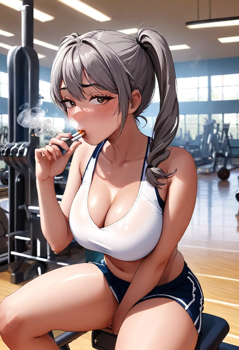 a school girl smoking cigarettes rapidly while masturbating, the cigarette ash is growing very long, the cigarette ash is very long, sucking very hard on the cigarette, gym girl, pain, agony, busty, pigtails, ash everywhere