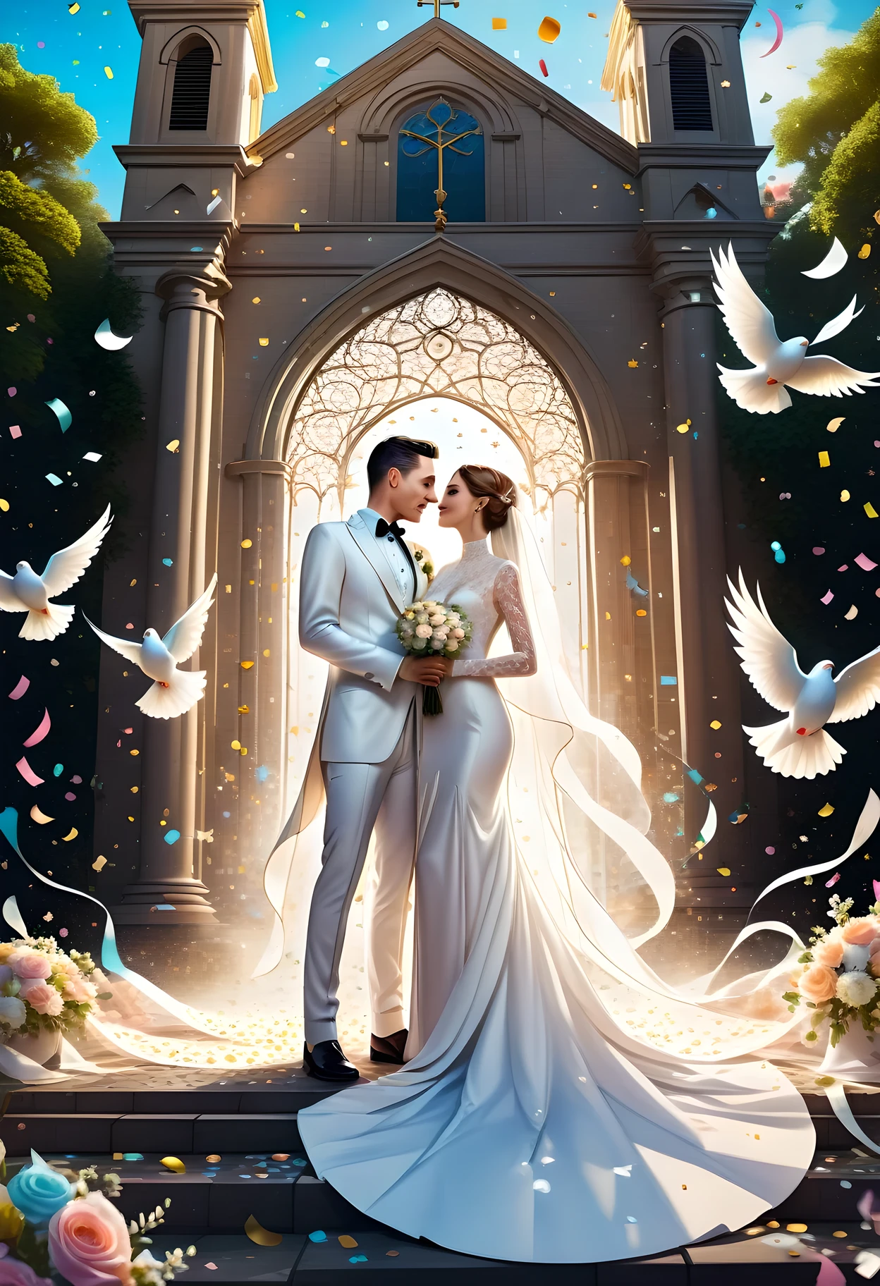 masterpiece, best quality, very aesthetic, absurdres, high detailes, 8K, Digital art illustrations, 3D, octane rendering, wedding, happy couple in front of church, intricate wedding dress made of white lace, wedding veil, corsage, (white tuxedo:1.5), doves, confetti, Colourful confetti flying in the air provides a backdrop as if it were art. Two detailed faces
