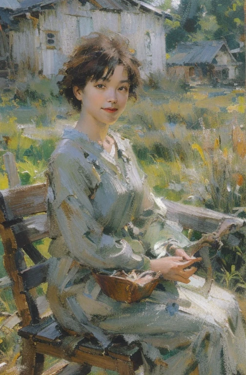 tmasterpiece, best qualtiy, Hyper-detailing, depth of fields, Ultra-high resolution, Sharp focus,
1 old woman,Exquisitely Detailed Skin,Room,ln the forest,(ssmile:0.6),Bright chestnut winter coat,Fechin,(oil painted:1.4),grassy fields,butterflys,green leaf,(wooden cabin),edge lit、deep shading、Oil paints,acrycle painting,tmasterpiece,Renaissance style,best qualtiy