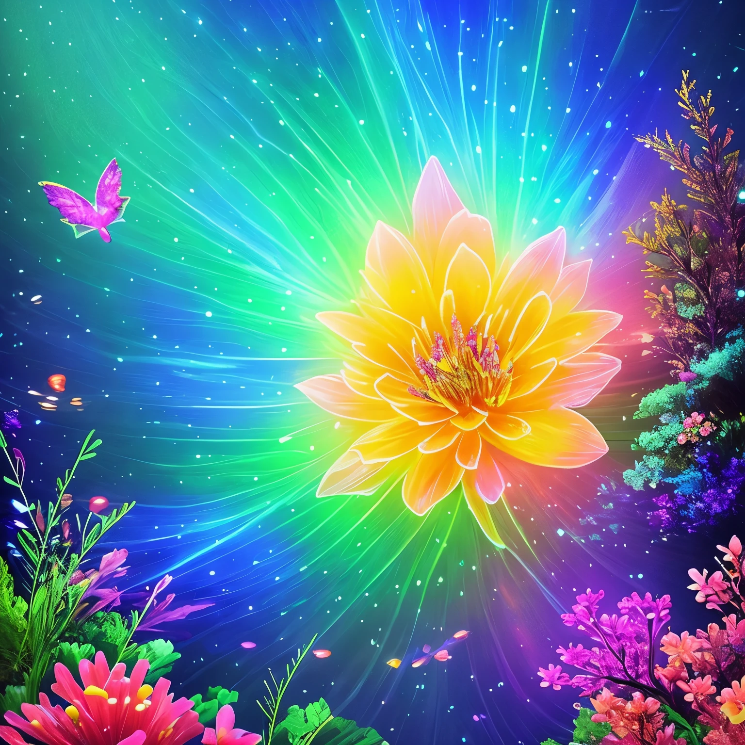 a close up of a flower and a bird flying over a river, glowing crystals on the ground, crystal clear neon water, cave glowing stones, neon bioluminescence, [ bioluminescent colors ]!!, neon color bioluminescence, glowing colors, fish are glowing in the ocean, beautiful!!! digital art, bioluminescent opal