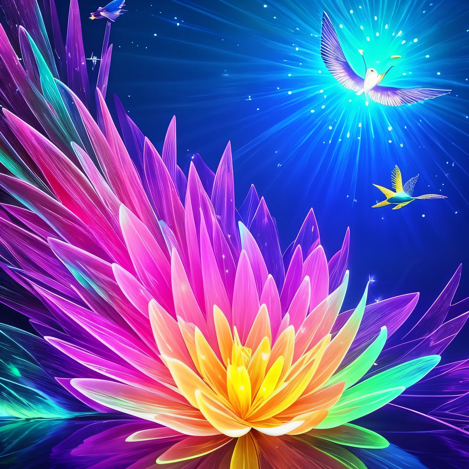 a close up of a flower and a bird flying over a river, glowing crystals on the ground, crystal clear neon water, cave glowing stones, neon bioluminescence, [ bioluminescent colors ]!!, neon color bioluminescence, glowing colors, fish are glowing in the ocean, beautiful!!! digital art, bioluminescent opal