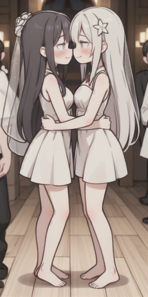Body position: Standing, straight, symmetrical, barefoot, Lustful smile on face with red blush, 2 girls who gets married and stands in front of many people, kissing