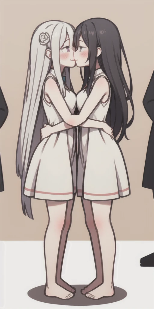 Body position: Standing, straight, symmetrical, barefoot, Lustful smile on face with red blush, 2 girls who gets married and stands in front of many people, kissing