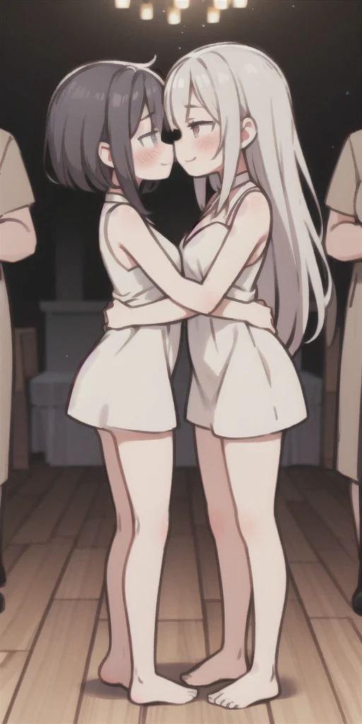 2 absolutely identical girls(twins), Long disheveled brown thick hair below the waist;, 1 naked completely naked, completely naked, completely naked;;, Hugs and kisses, Mutual consent, Passionate French kiss, A girl loves a girl, , Standing in a crowded food court in the middle of a crowd of schoolchildren