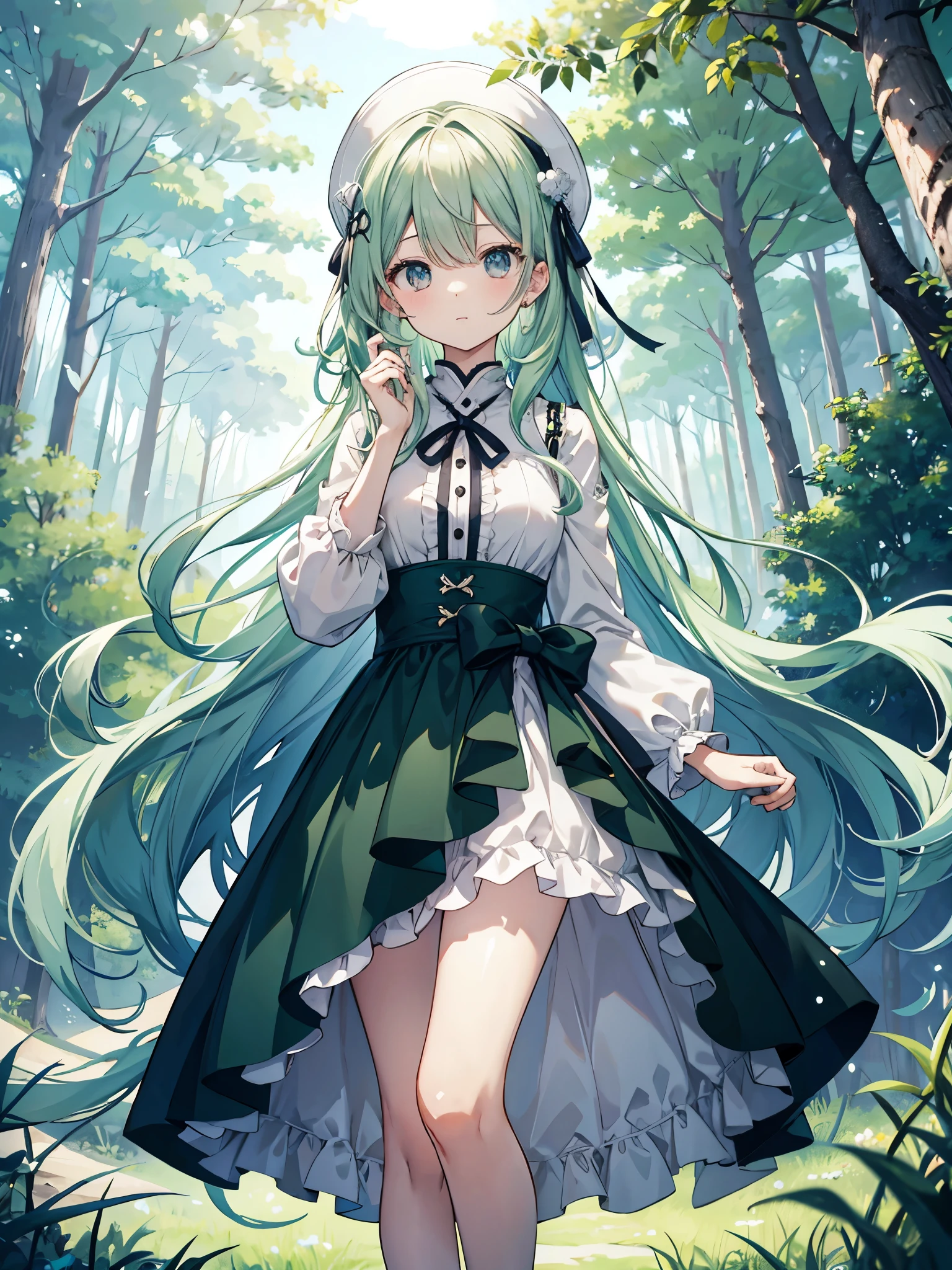 masutepiece、top-quality、The ultra -The high-definition、Transcendent Technique Illustration、Detailed full-body depiction、Very fine skin、Earl Grey、Perfect eye depiction、30-years old、Low body fat、long fluffy green hair、Brown-skinned、Hand Cream、Nordic beauty、Be proud、perfectly proportions、small tit、big breasts thin waist、Green dress、in woods、The wind is blowing
