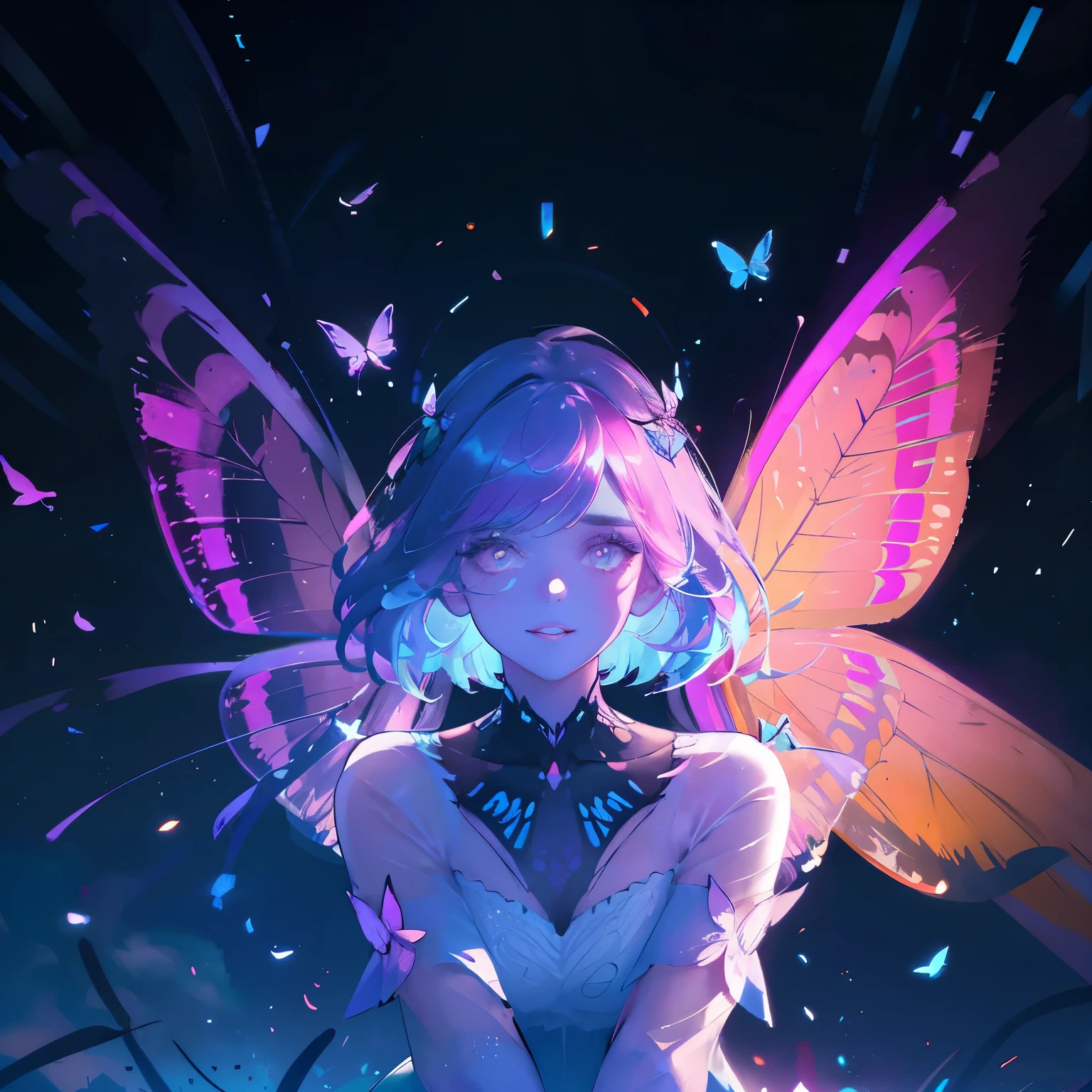 a beautiful woman with colorful butterfly wings,long hai,detailed face,detailed eyes,detailed lips,intricate butterfly wings,detailed wing patterns,detailed clothing,colorful butterfly wings,cinematic lighting,dramatic lighting,highly detailed,photorealistic,hyper detailed,8k,masterpiece,cinematic composition,vibrant colors, portrait, happy