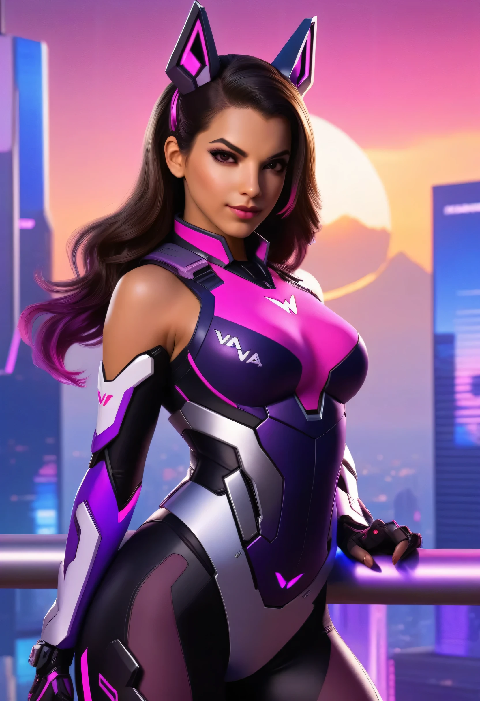 ((sombra and d.va merged:1.3)), merged, y, half body, metropolitan background, sunset, sexttire, (high quality), (masterpiece), negative_hand