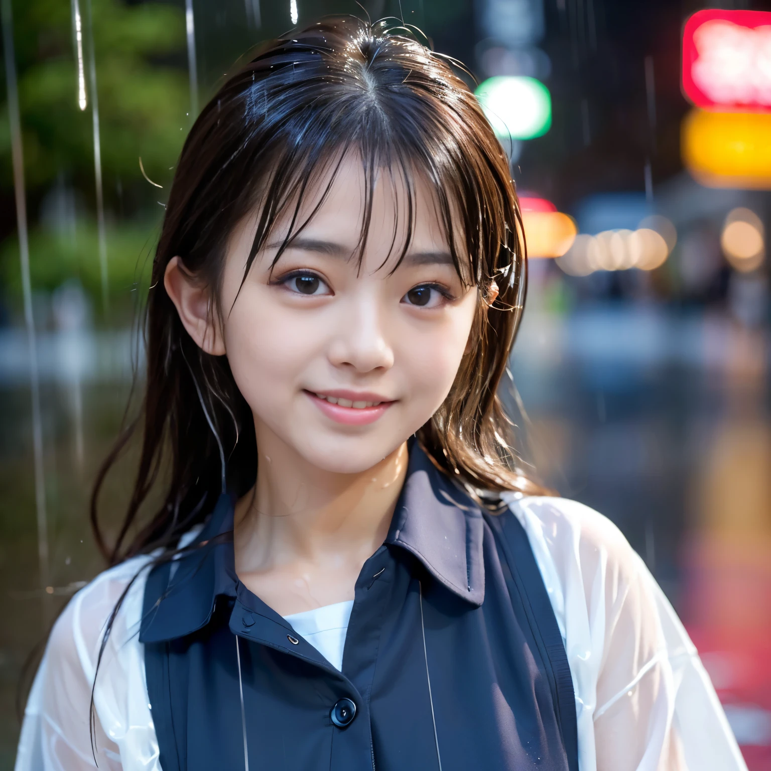 (Best-quality, Masterpiece, Ultra-High-Resolution, (Photorealistic:1.4), Raw Photo, depth of field, professional lighting, perfect anatomy, extremely details), 1girl, -yeld, thost famous Japanese idol, innocent smile, upper body, (((standing on street in heavy-rain, wearing wet school-uniform from heavy-rain, extremely wet hair from heavy-rain, extremely wet face from heavy-rain))), ((extremely cute face like the most popular Japanese idol, ((extremely cute and extremely big eyes)), extremely beautiful realistic-skins, extremely cute long-eyelashes, extremely cute lips))