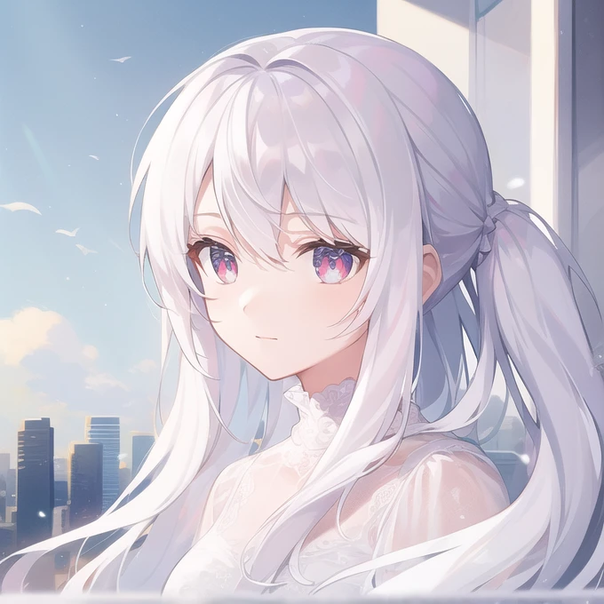 ((masterpiece, best quality))++, Detailed lighting+, Detailed hair+, Detail hand+ ,1 girl, Miss, Long hair, Crimson eyes, beautiful eyes, young white hair,,(Beautiful white hair:1.5),(Beautiful and delicate eyes), high resolution+,glass tint, Reflective eyes, {{angle}} , Very detailed wallpaper, The original, ,Sea of Flowers,Air bangs,city road,Double ponytails