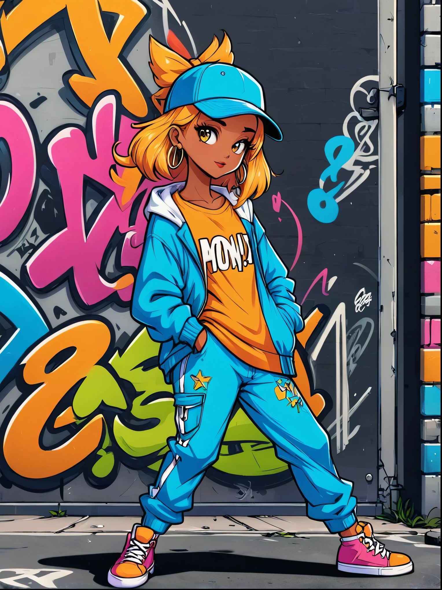 (Cartoon doodle style:1.2), Vector illustration，1girl, solo, Hip Hop Hats and Streetwear，cleanface，90s cartoon style illustration，Highly detailed character designs，Lovely and detailed digital art，City Girls Fan Art，portrait character design，Beautiful digital illustration， High quality portrait，Comic Art，Anatomically correct, Textured Skin, Standing in front of a graffiti style background，Adds whimsy to the scene, 1xhsn1