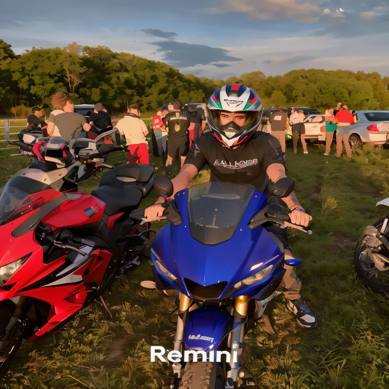 there is a man sitting on a motorcycle in a field, na pista de corrida, twilight scenery, motociclista, por Drew Tucker, super plano amplo, por Edward Corbett, r6, Cavalgando, ao entardecer!, motocicletas, very plano amplo, plano amplo!!!!!!, trying to ride it, full body plano amplo, Night time, postagem no reddit, ultra plano amplo