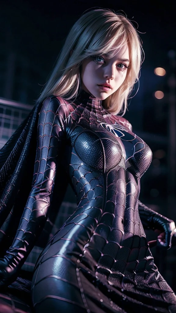 1girl, spider gwen, gwen stacy, spiderman, black and white suit,hips up, beautiful detailed eyes, beautiful detailed lips, extremely detailed face, longeyelashes, web, spider web, night city, cityscape, moonlight, dramatic lighting, cinematic, high contrast, chiaroscuro, monochrome, dark and moody