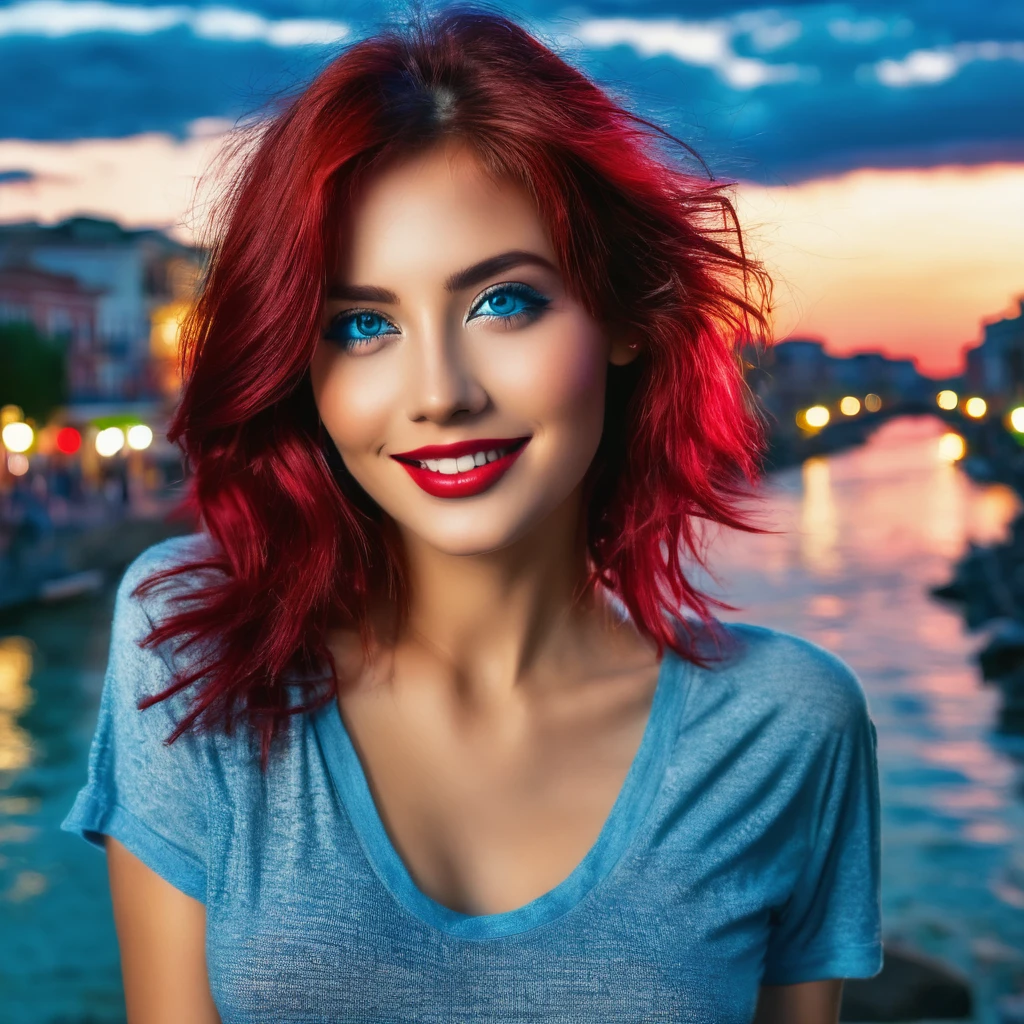 Atardecer con tonalidades rojas, ciudad, fuente, chica de pelo largo rubio, ojos azules, poca ropa, mirada erotica, estudiante, sentada, sonrisa de excitada, sonrojada