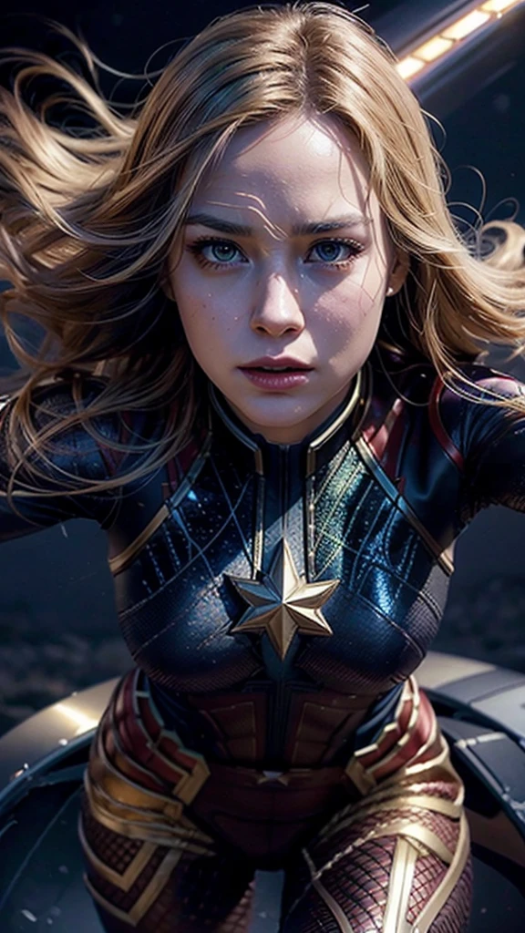 1women as captain marvel, carol danvers,hips up, beautiful detailed eyes, beautiful detailed lips, extremely detailed face and portrait, long eyelashes, superhero, avengers, cinematic lighting, action pose, dramatic, dynamic composition, epic scale, 8k, high resolution, hyper detailed, photorealistic, award winning digital art, intricate details, vibrant colors, dramatic shadows and highlights, cinematic lighting