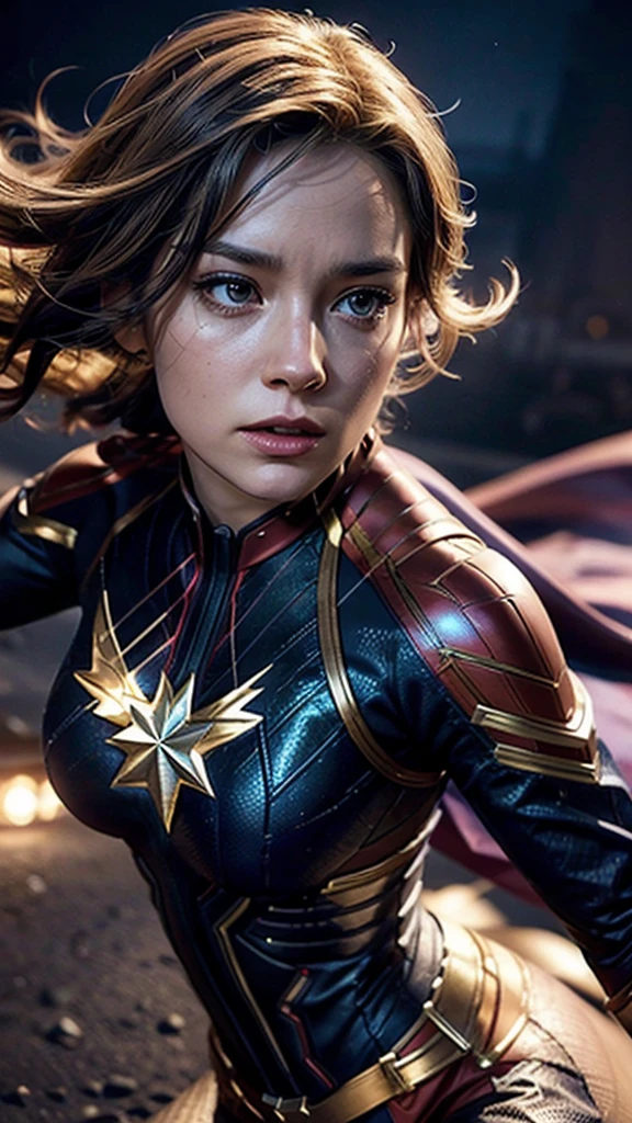 1women as captain marvel, carol danvers,hips up, beautiful detailed eyes, beautiful detailed lips, extremely detailed face and portrait, long eyelashes, superhero, avengers, cinematic lighting, action pose, dramatic, dynamic composition, epic scale, 8k, high resolution, hyper detailed, photorealistic, award winning digital art, intricate details, vibrant colors, dramatic shadows and highlights, cinematic lighting
