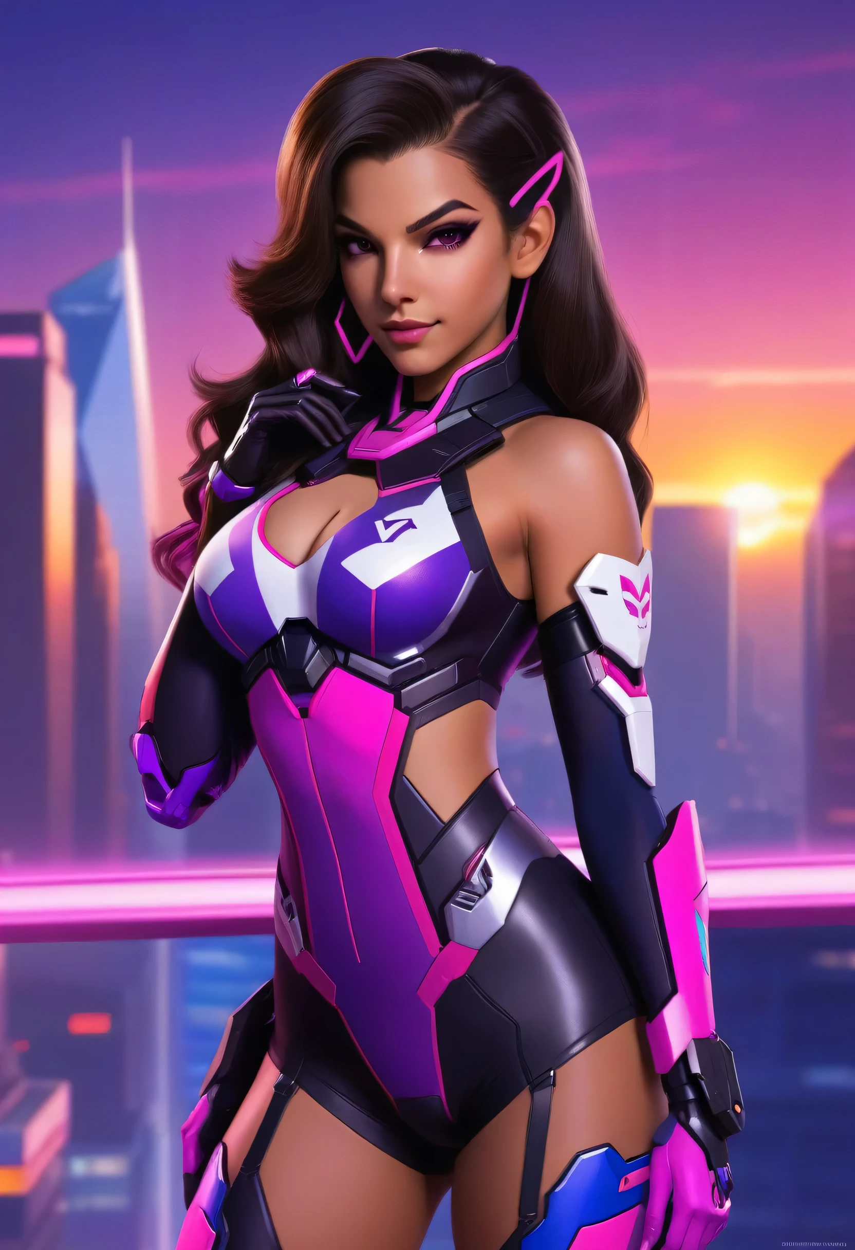 ((sombra and d.va merged:1.3)), merged, sexy, half body, metropolitan background, sunset, sexy attire, (high quality), (masterpiece), negative_hand