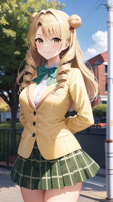 masterpiece, best quality, highres, 1girl, solo, long hair, blonde hair, double bun, drill hair, brown eyes, , green bowtie, blazer, yellow jacket, long sleeves, plaid skirt, green skirt, standing, cowboy shot, outdoors, smile,