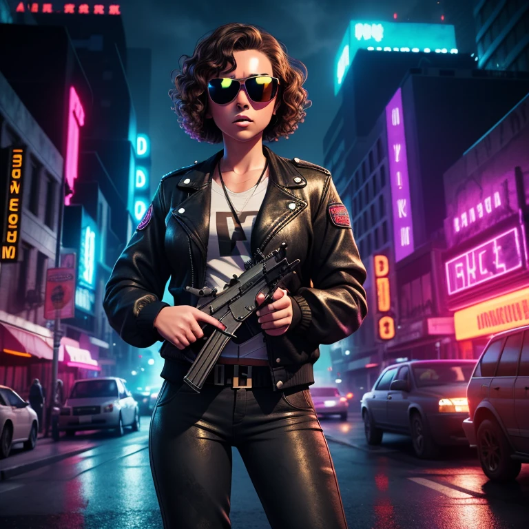 Girl 18 years brunette jacket and pants black leather, sunglasses, short curly hair,half large bodies,with nervous expression,armed, holding two machine gun,in a city the night neon apocalyptic,(8k detailed realistic raw photo)