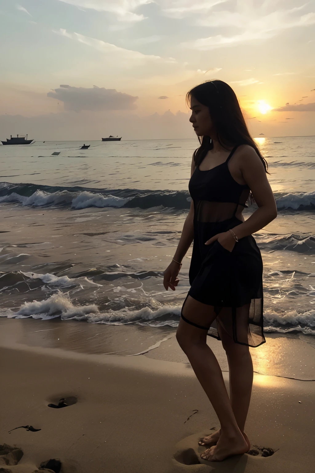 saat matahari terbenam di ufuk barat dan siluet sepasang kekasih di tepi pantai
