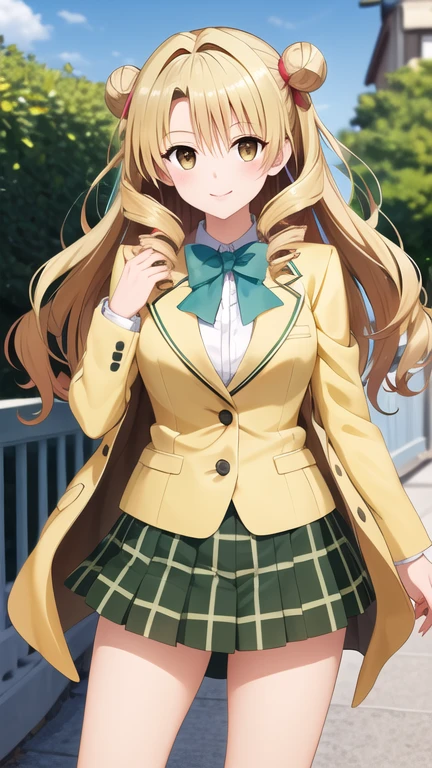 masterpiece, best quality, highres, 1girl, solo, long hair, blonde hair, double bun, drill hair, brown eyes, , green bowtie, blazer, yellow jacket, long sleeves, plaid skirt, green skirt, standing, cowboy shot, outdoors, smile,