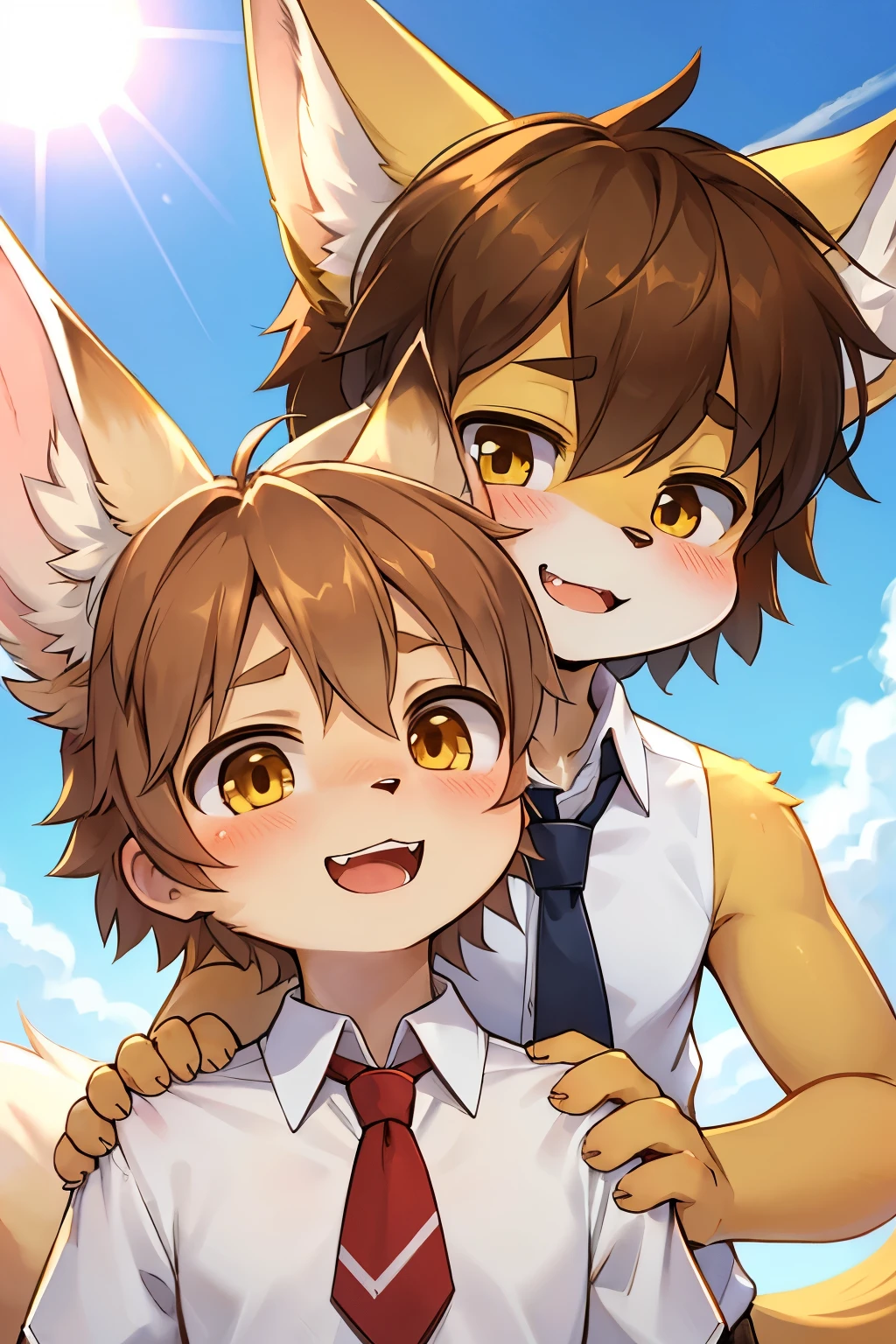 (a small male furry humanoid fennec fox boy with light brown hair and yellow fur), wearing white shirts and necktie, happy, blush, tamachira, dynamic angle