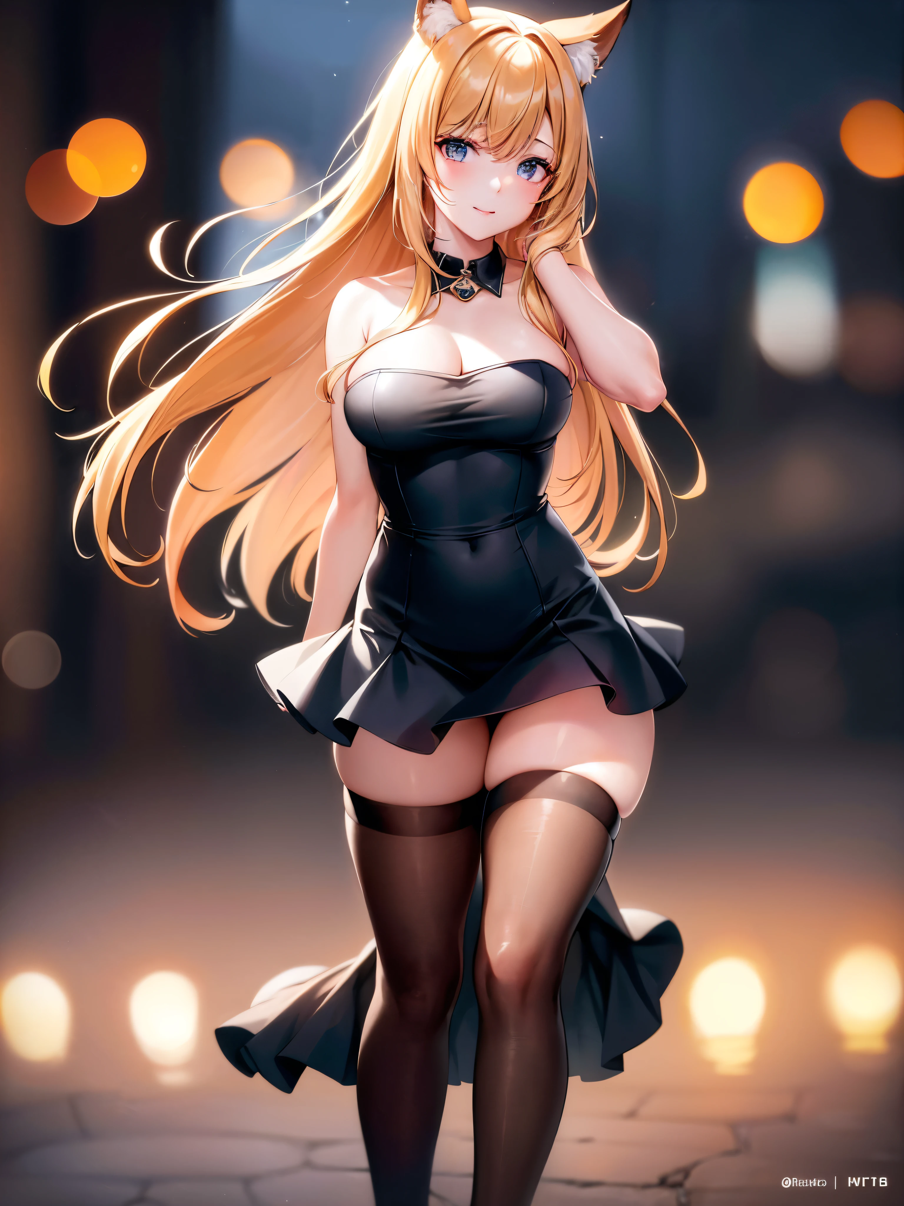(8k, RAW photo, Best Quality, Masterpiece: 1.4), Ultra HD, (Real, Photorealistic: 1.48), Omertosa, 1 girl, (K-pop idol), (Aegyo: 1), Cute, (Ultra bokeh night city center:1.25), bokeh, night, traffic lights, street signs, rain, after rain, wet, professional lighting, detailed lighting, photon mapping, radiosity, physically based rendering, flowers in black pantyhose , backlighting, depth of field, natural light, hard focus, film grain, 1 meter shooting distance, professional photography, shot with Sony a9 II mirrorless camera, detailed eyes, realistic eyes, detailed shadows, viewer Look, dog ears, detailed lighting, skirt, black skirt, knee socks, black thigh high socks, (detailed hair, realistic hair, realistic lighting, realistic shadows, realistic clothing), realistic skin (gun on waist: 1), realistic light reflection from above, ((arm behind back)), (behind hand), tube top, sexy