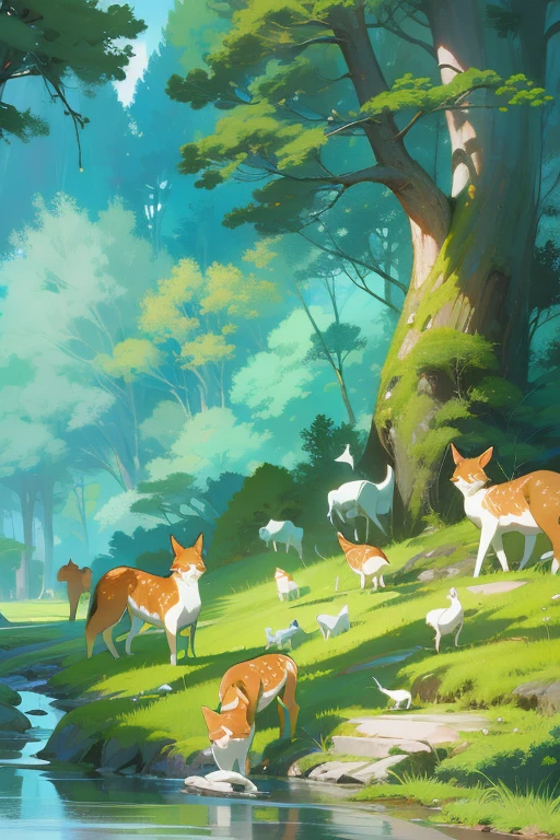 there are many Helen that are standing in the grass by the water, beautiful artwork illustration, Digital Cartoon Painting, background artwork, cartoon digital painting, digital painting highly detailed, beautiful digital painting, background art, in a deep forest, forest drawing elegant, 4k hd wallpaper illustration, low detail. digital painting, stylized digital illustration, Helen