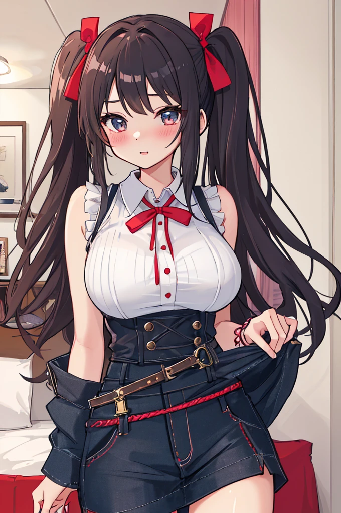 A woman with big ,Black long hair,twintails,Exquisite,Red ribbon,sleeveless,Loose collar,Slim waist,blush,bedroom,A cute daughter,