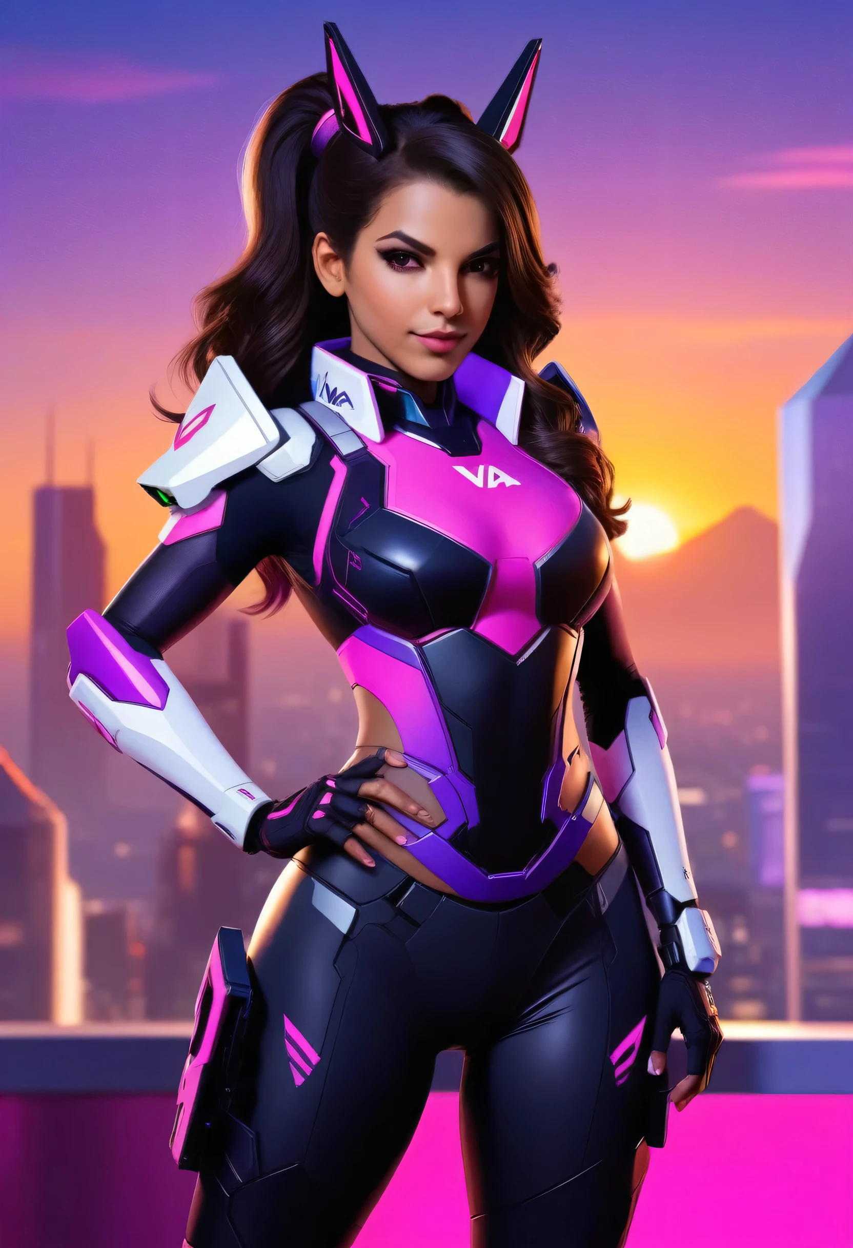 ((sombra and d.va merged:1.3)), merged, sexy, half body, metropolitan background, sunset, sexy attire, (high quality), (masterpiece), negative_hand
