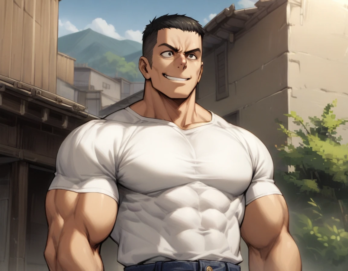 1man, japanese cameraman, 35yo, crew cut, boned nose, square-shaped, black hair, beautiful detailed eyes, ordinary, forehead, high cheekbone, ideal ratio body proportions, heavy weight, middle-muscular, stocky waist, BREAK solo, white t-shirt, jeans, tented shirt, loose shirt, cute smile, standing, outdoor, looking far, upperbody focus, dramatic expression, 2000s, jrpg, masterpiece, best quality