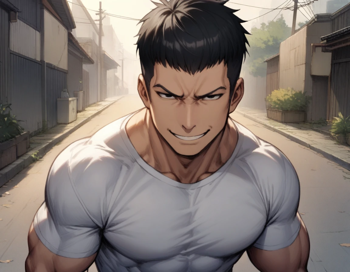 make a picture of kakashi sensei no shirt with muscular pecs, arms, big muscular, hot face, looking ate you