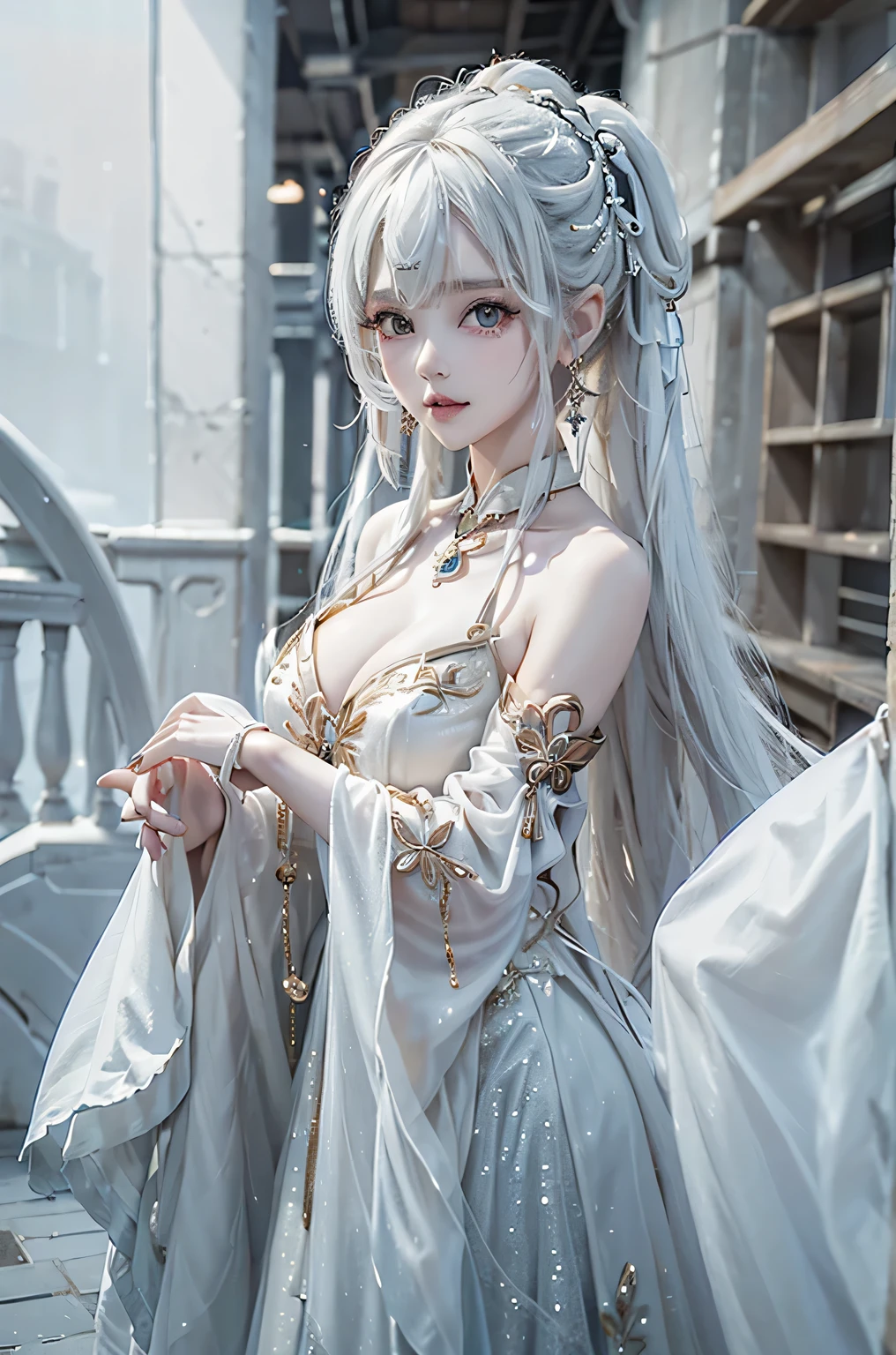 (masterpiece、highest quality、Every detail,Fantastic lighting,Shallow depth of field)(1girl,solo)(cute girl,Long dress,The dress has a loose fit,Exposing shoulders,No sleeve,Long hair with white hair、medium beautiful breasts,Beautiful cleavage,thin and white legs、White skin)(ruins、Dilapidated Building、Collapsed Wall)(Close-up)(Close-up image from the waist up、Sexy model posing)