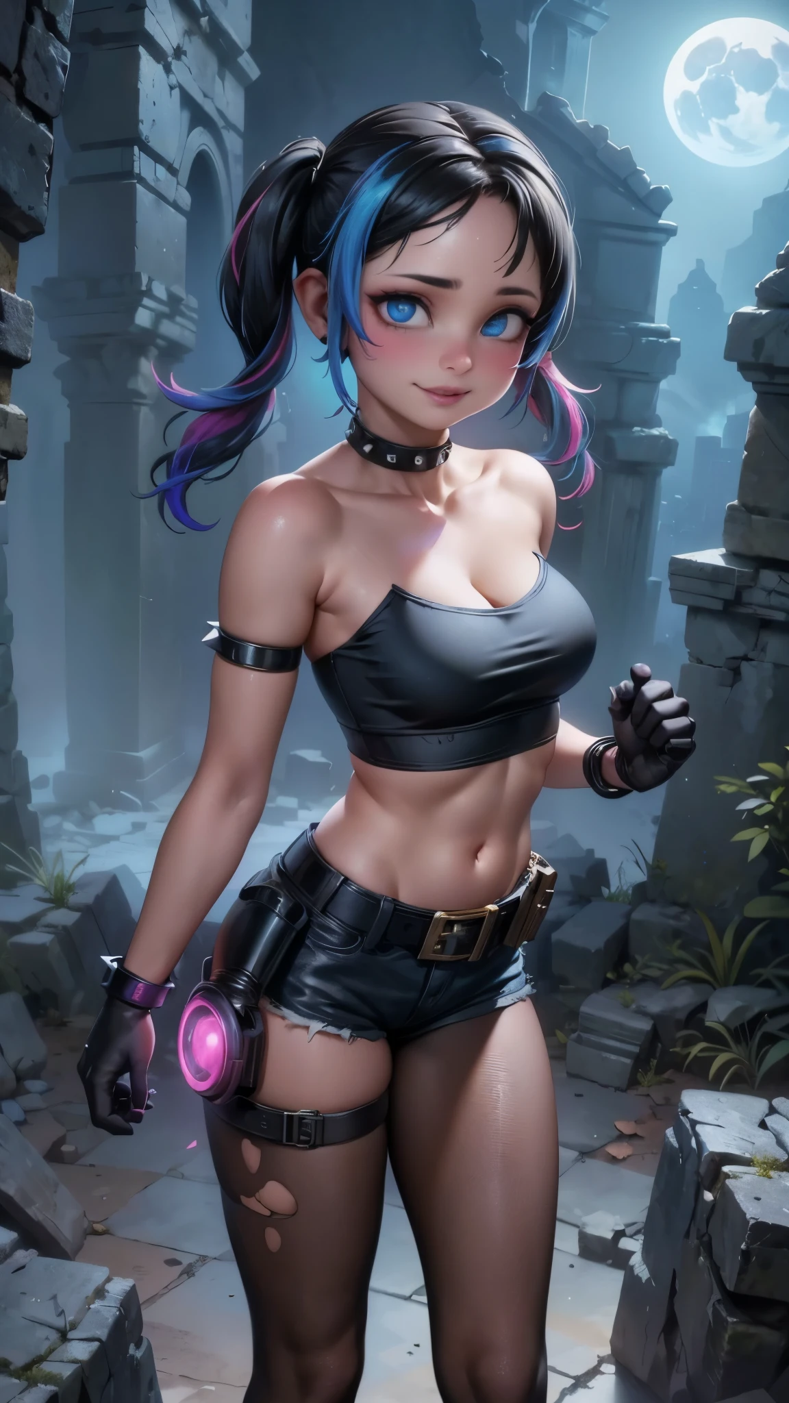 1girl, blonde hair, twintails, shorts, pantyhose, crop top, torn clothes, blue eyes, solo, makeup, midriff, gloves, jewelry, navel, short shorts, bracelet, torn shirt, fishnets, spikes, multicolored clothes, belt, fishnet pantyhose, spiked bracelet, single glove, torn pantyhose, breasts, graffiti, lipstick, jacket, clothes writing, multicolored hair, collar, eyeshadow, blue hair, multicolored jacket, blood, smile, shirt, looking at viewer, nail polish, choker,, ,(Fondo de ruinas de mazmorra en ruinas piedras grandes cyberpunk :1.4 ), (perfect anatomy:1.4), More detailed 8K.motor irreal:1.4,UHD,La mejor calidad:1.4, fotorrealista:1.4, textura de la piel:1.4, obra maestra:1.8,obra-prima, mejor calidad,objeto Objeto], (detailed face features:1.3),(Las proporciones correctas),(Ojos hermosos azules:1.4 ),  (pose vaquero),( cinematic lighting :1.4), (face detailed:1.4), score_9, score_8_up, score_7_up, score_6_up, rating_explicit, 1girl, ((18YO:1.2)), Adult, full lips, big clear eyes, light blue eyes, (( hair:1)), (long wavy hair: 1.2),