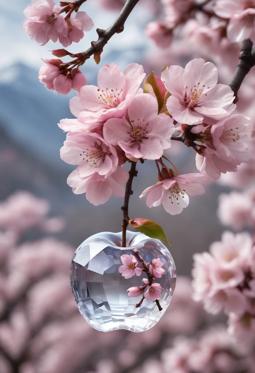 This is a crystal apple, hanging on a cherry blossom branch, looks very beautiful and elegant. At its core there is a small pink fruit, which adds brightness and contrast to the overall composition. Mountains, against which this apple was shot, create a beautiful backdrop for this piece of art, emphasizing its beauty and elegance. This photo can be used as a background image 